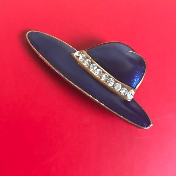 Vintage Blue Enameled Hat with Crystals Pin Brooch